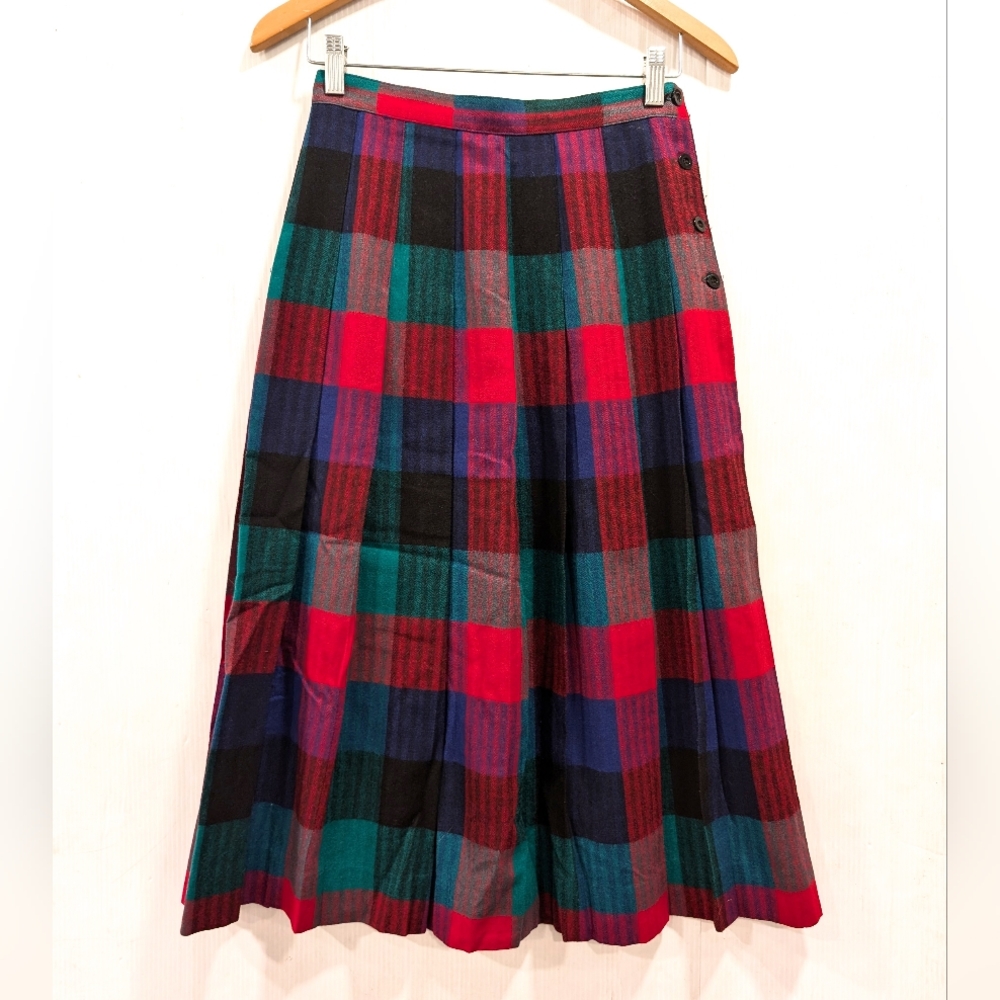 VINTAGE 1970s David Brooks 100% Wool Plaid A-Line Pleated Skirt - Multicolor
